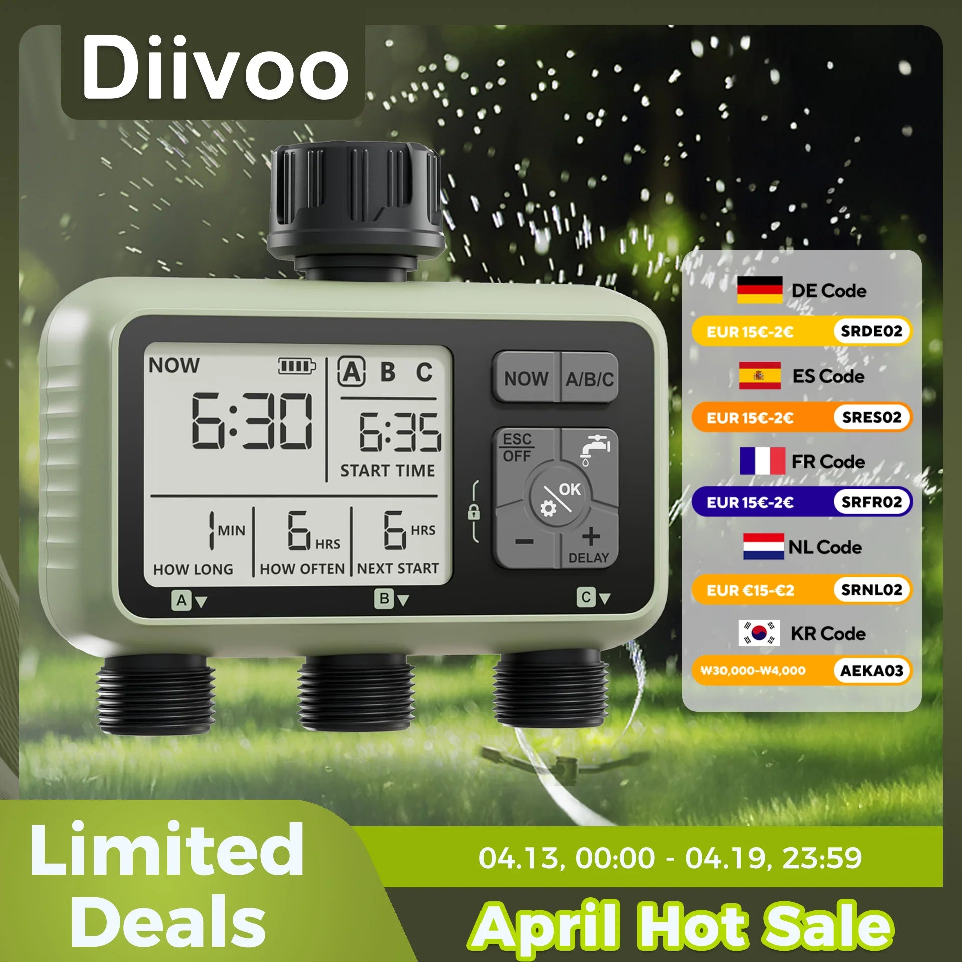 Diivoo Pro-Irrigate: 3-Zone Programmable Water Timer for Automatic Garden Care