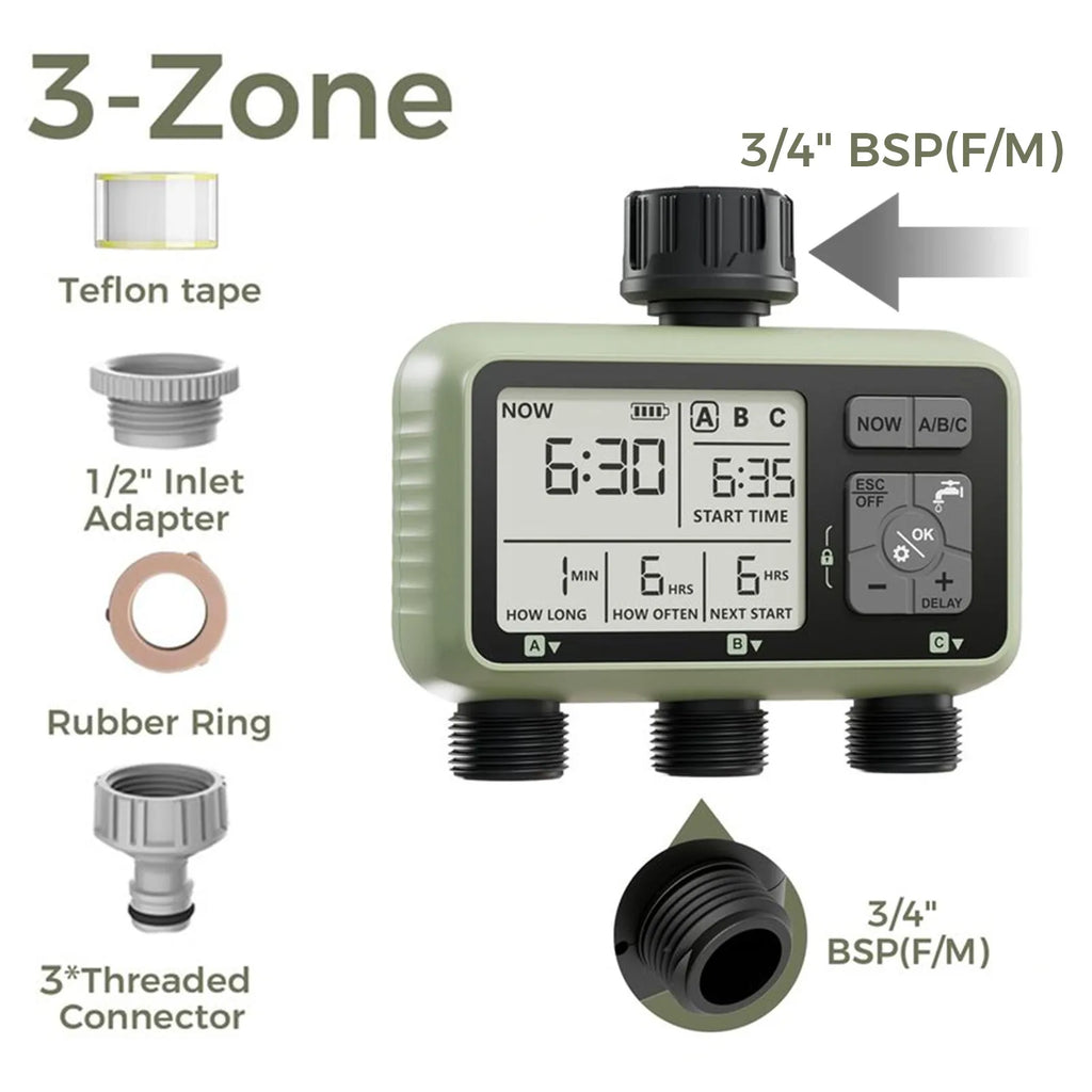 Diivoo Pro-Irrigate: 3-Zone Programmable Water Timer for Automatic Garden Care